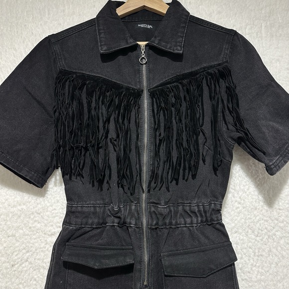 Nasty Gal Collection Black Denim Fringe Detailing Zip Up Front Jumpsuit Sz‎ US 4 - Picture 8 of 16